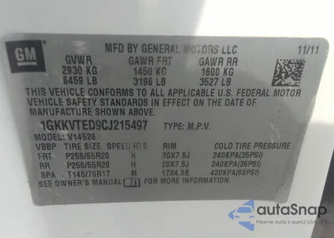 2012 GMC Acadia Denali z USA, uszkodzony, nr VIN 1GKKVTED9CJ215497